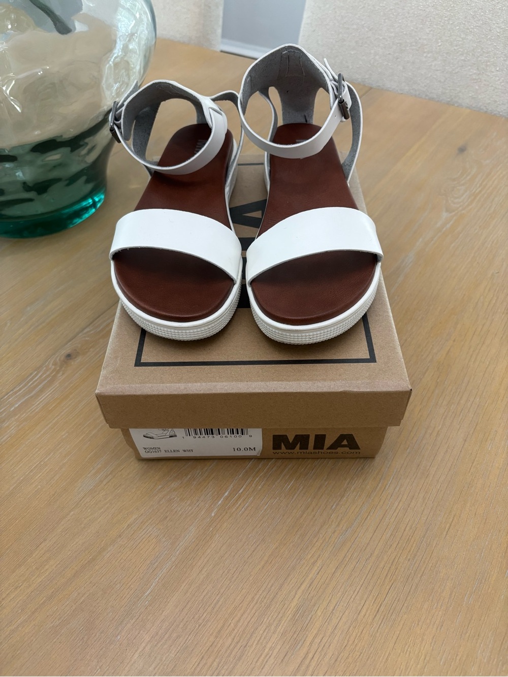 MIA Ellen White Leather Ankle-Strap Platform Sandals with Brown Footbed